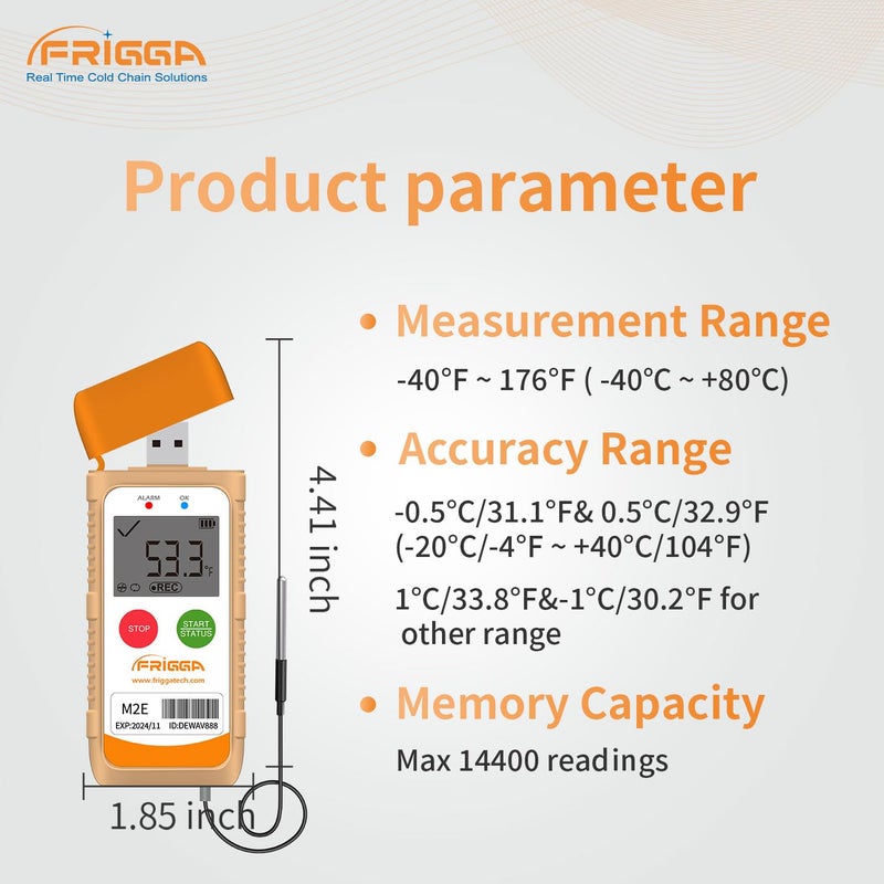 Frigga M2E Reusable Temperature Data Logger with External Probe Multi-Use Digital Refrigerator Thermometer USB 14400 Points High Accuracy Temperature Recorder PDF CSV Report - Image 4